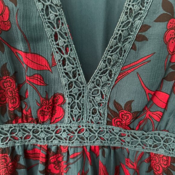 Abercrombie & Fitch y2k Boho Teal Blue Red Floral Crochet Babydoll Mini Dress - Picture 5 of 6